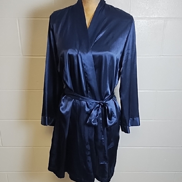 Morgan Taylor  Navy Blue Satin Robe Wrap Style Pockets Sewn on Belt - Picture 1 of 11